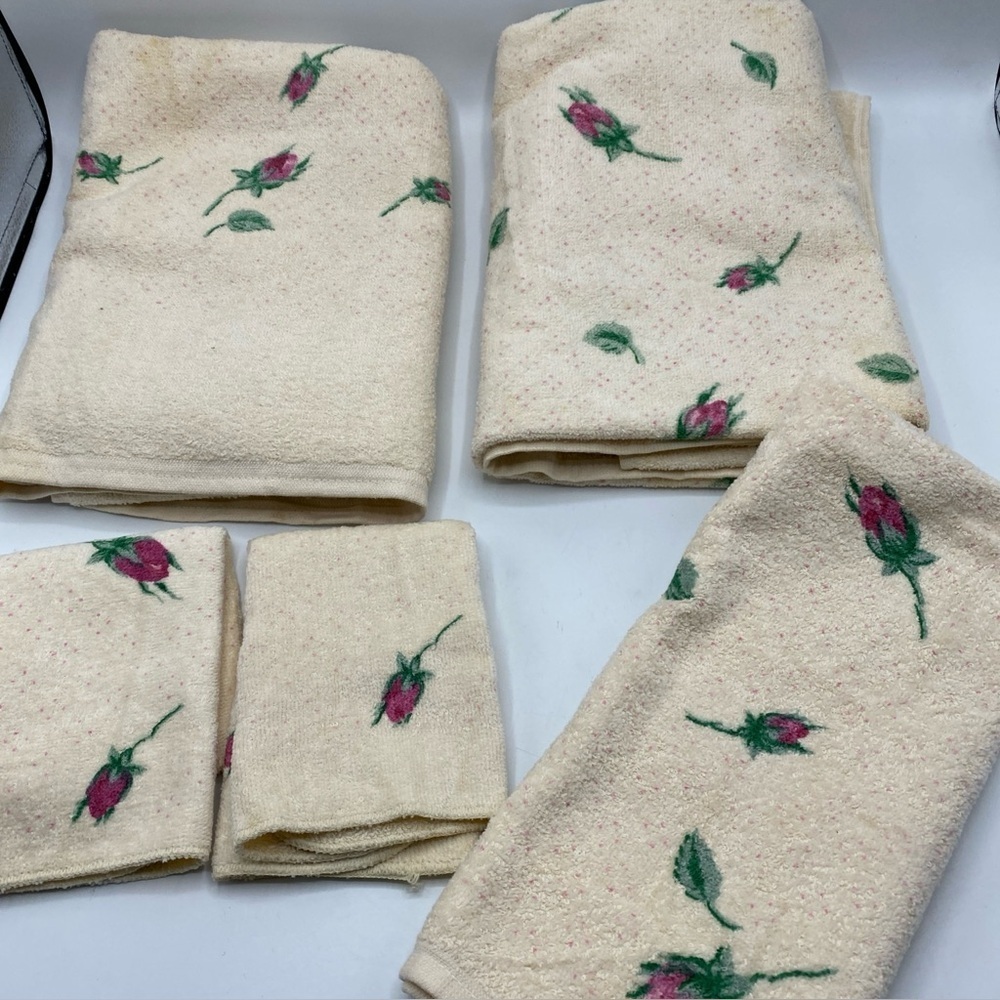 Vintage Cannon Bath Towels Wash Cloth White Pink Rose Floral Cottage Core USA
